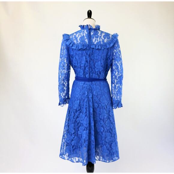 Vintage Cobalt Blue Lace Dress with Lace Ruffled Neckline/Cuffs Med/Large - Picture 7 of 8